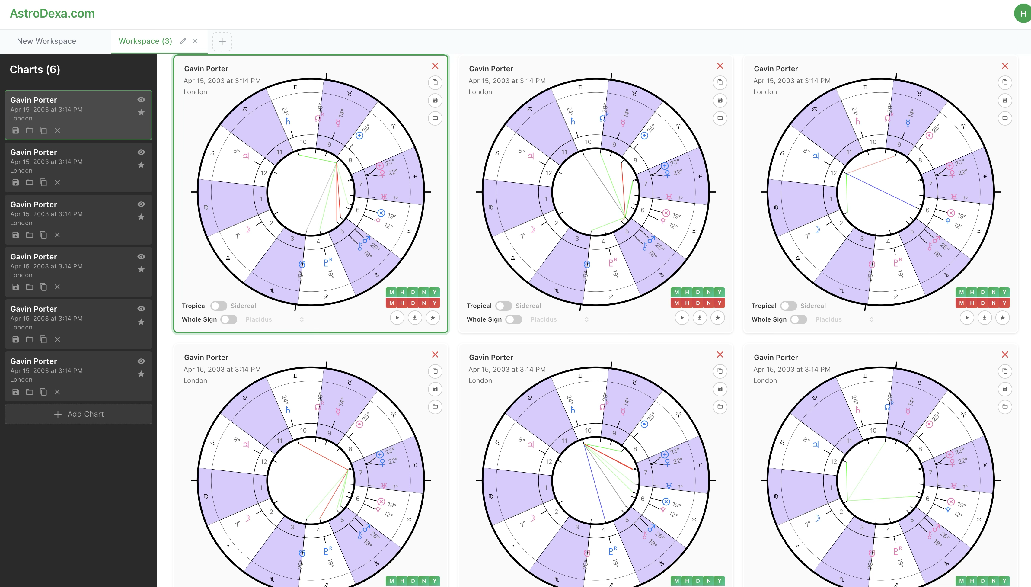 AstroDexa workspace with multiple astrological charts